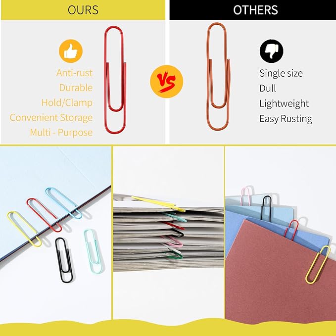 Paper Clips, 110Pcs Colored Paper Clip Assorted Sizes (2 inch & 1.3 inch,1.1 inch), Largr PaperClips, Small Medium Paper Clips for Office Supplies Document Organizing, Colorful and Heavy Duty