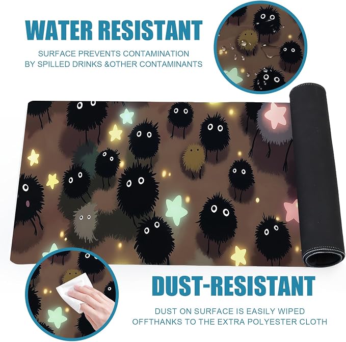 Gaming Mouse Pad, Large Mousepad XL Extended, Desk Mat, Computer Keyboard Mat, Non-Slip Stitched Edges Rubber Base, Home&Office, 31.5x11.8in, Japanese Anime Cute Black Dust Fairy Design