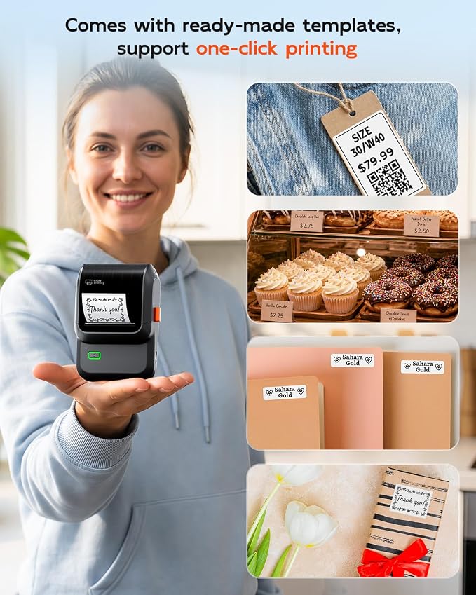 Pone Label Maker with Tape, Bluetooth Label Printer with 6000+ Templates | Portable 2 Inch Barcode Thermal Sticker Printer Easy to Use for Small Business, Home, School, Safety Label Makers,Black