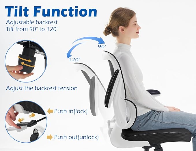 TRALT Ergonomic Office Chair Desk Chair with Adjustable Lumbar Support | Desk Chair Comfy with Flip-up Armrests Ergonomic Chair - Mesh Computer Chairs for Adults, 330lbs, PU Leather (Black White, 1)