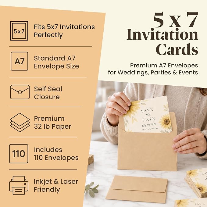 110 5x7 Kraft Brown Invitation Envelopes - for 5x7 Cards - A7 - (5 ¼ x 7 ¼ inches) - Perfect for Weddings, Graduation, Baby Shower - 120 GSM - Peel, Press & Self Seal - Square Flap