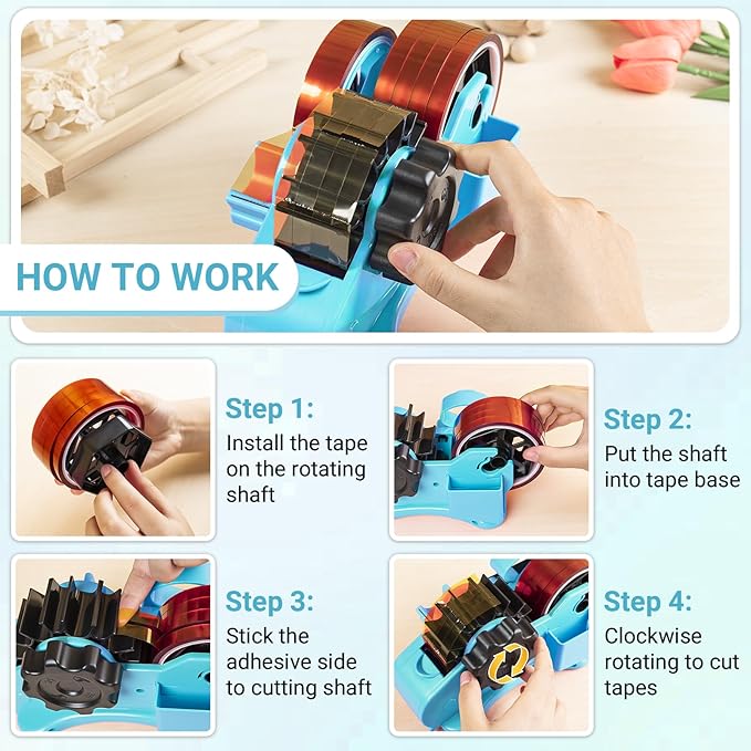THINKLEARN Heat Tape Dispenser - Sublimation Heat Transfer Tape Dispenser with Scissors and Utility Knife, 1 '' & 3'' Core, Multi-Roll Pre-Cut Tape Dispenser for Crafting, PreCut 1.4'' Pieces, Blue