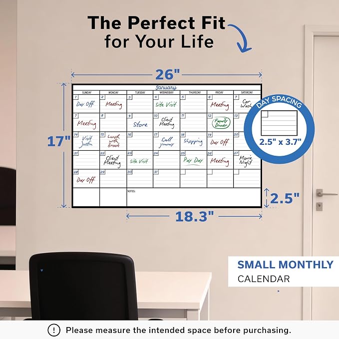Small Dry Erase Calendar for Wall 17x26, Month Blank Kids Family Reusable Office, Classroom Schedule Monthly Planner Erasable Write, Rolled Whiteboard White Board, Calendar Dry Undated Erase for Wall