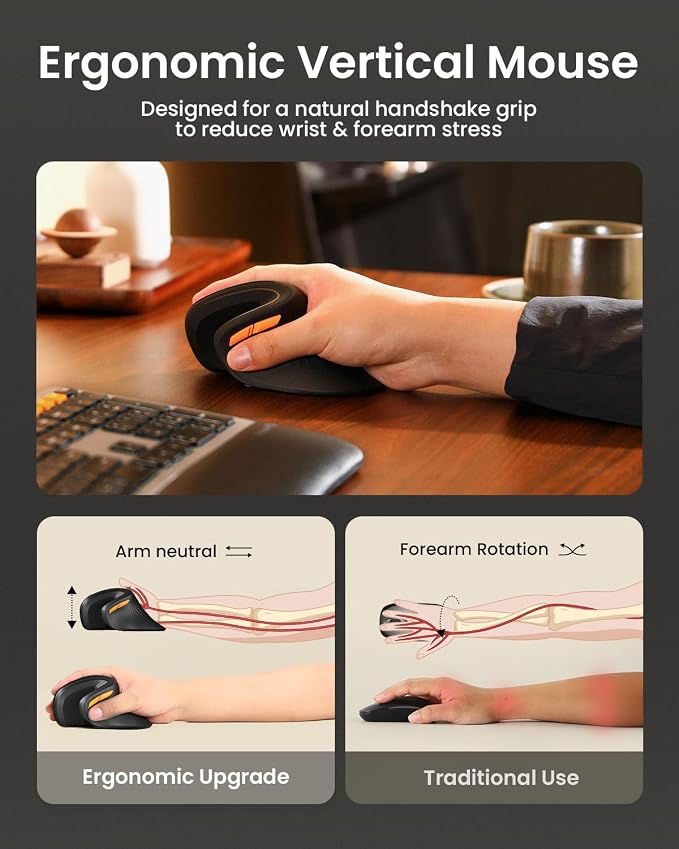 ProtoArc EM11 NL Wireless Ergonomic Vertical Mouse, Rechargeable, Black | 58° vertical design supports a natural wrist posture, connect 3 devices via Bluetooth/2.4G USB-A, 500mAh USB-C rechargeable.