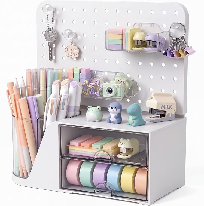 Novabright Desk Organizer with Drawers, Rotating Pen Holder with 5 Slots & Pegboard, Back to School & First Day of School Gifts, Multifunctional Desktop Storage for Desk Home Office Supplies(White)