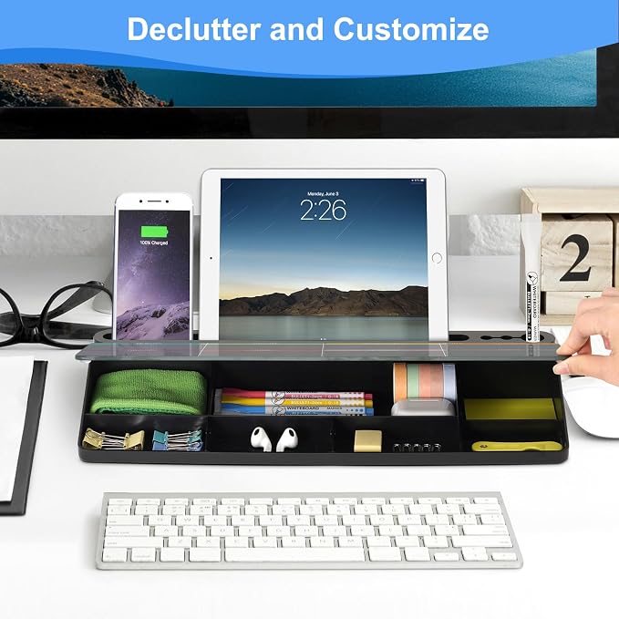 Desktop Glass Whiteboard with Storage, Weekly Calendar Desk White Board | Computer Keyboard Stand, Office Desk Organizers and Accessories with Drawer, To Do Memo Notepad, Home School Supplies
