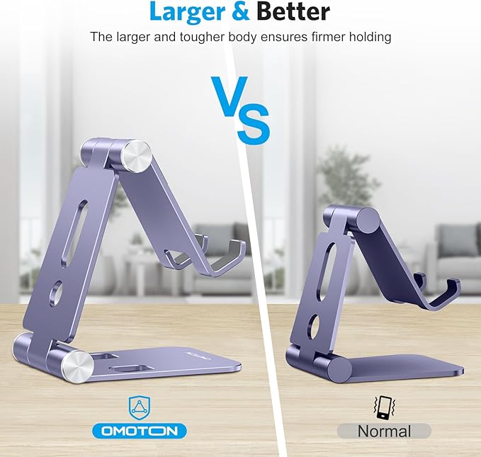 OMOTON Foldable Cell Phone Stand, C4 Portable Aluminum Phone Holder, Adjustable Phone Dock Cradle Compatible with iPhone 17/16/15 Pro Max Air, Samsung Galaxy, Small Tablets, Smart Phones, Purple