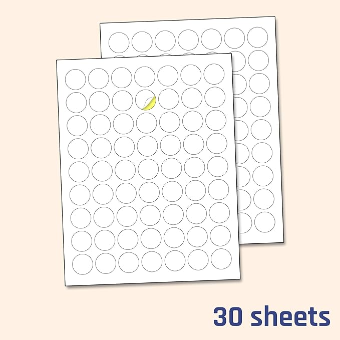 1" Round Matte White Sticker Label, Laser/Inkjet Printing - Letter Size, 30 Sheets