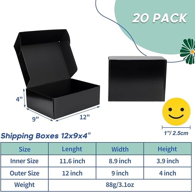 Rempry 12x9x4 Black Shipping Boxes 20 Pack, Large Cardboard Mailer Boxes for Small Business Shipping Packaging