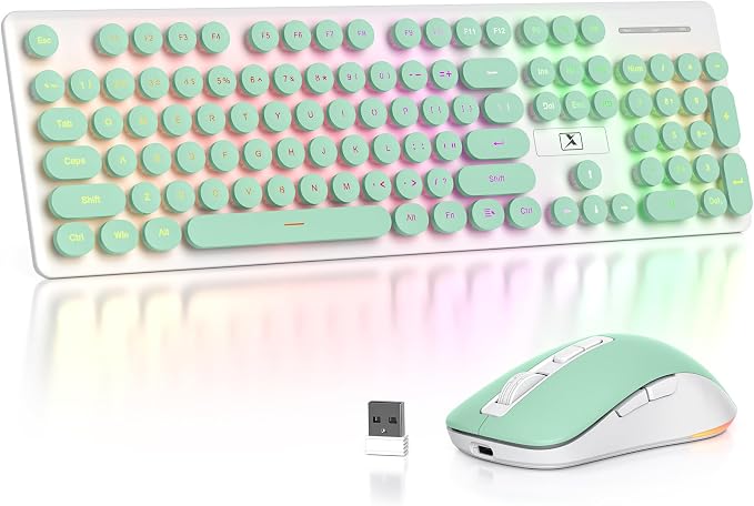 Backlit Wireless Keyboard and Mouse, 2.4GHz Light Up Typewriter Rechargeable Cordless Quiet Keyboard with USB Receiver for PC/Laptop (Cyan)