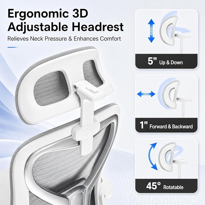 Ergonomic Office Chair for Long Hours – Back & Neck Pain Relief, Virgin Foam Seat, 3D Adjustable Headrest, 2D Lumbar, Flip-Up Arms, Gray/Sliver