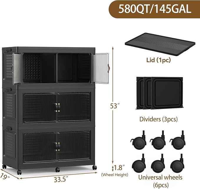 SAILUN 579Qt Stackable Storage Bins,Storage Cabinet with a Lid,3 Pack Black | Stackable Storage Drawers with Lids,33.5" W x 19" D x 53" H,Featuring open-front Access for Clothes and Closet Storage
