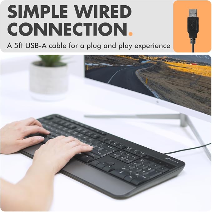 X9 Wired Ergonomic Keyboard - Comfortable Typing - Ergonomic Full Size USB Keyboard with Wrist Rest, Number Pad, Multimedia and 114 Keys - External Computer Keyboard for Laptop, Desktop and Office PC