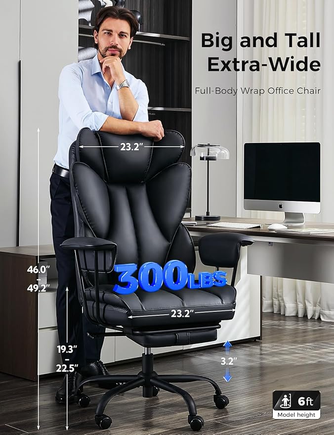 LukkDys Big and Tall Office Chair,High Back Leather Gaming Chair with Footrest,Lumbar Support,Outward Fixed Soft Armrests,Wide Ergonomic Desk Chair (Black)