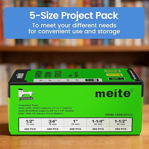 meite 18 Gauge 1/4-Inch Narrow Crown Staples, Assorted 5 Sizes (1/2", 3/4", 1", 1-1/4", 1-1/2" Each Size 480 Counts). Galvanized Staples for Heavy Duty and Upholstery, 5 Sizes Project Pack