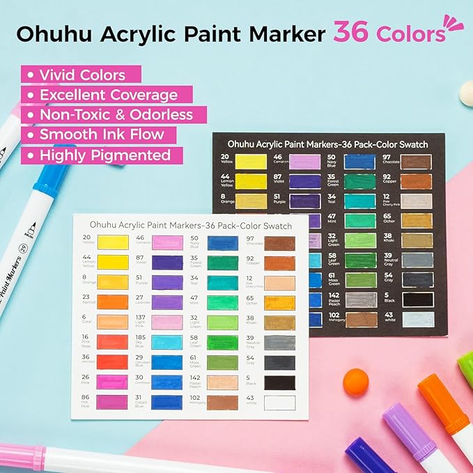 Ohuhu Acrylic Paint Markers Dual Tips: 36 Colors Fine & Dot Paint Pens High Opacity Acrylic Markers Waterproof Lightfast for Rock Painting 3D Prints Egg Wood Glass Ceramic DIY Crafts - Akaka