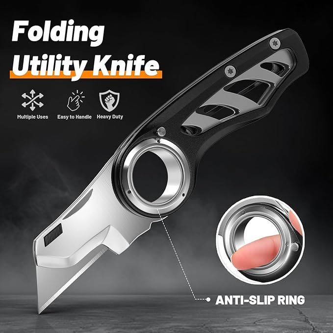 Folding Utility Knife Pocket Knife, Heavy-Duty Box Cutter with Aluminum Body, Quick Change Blades, Anti Slip Finger Loop, Box Cutter for Home, Office, Warehouse, Durable Razor Knife, Box Knife - Black