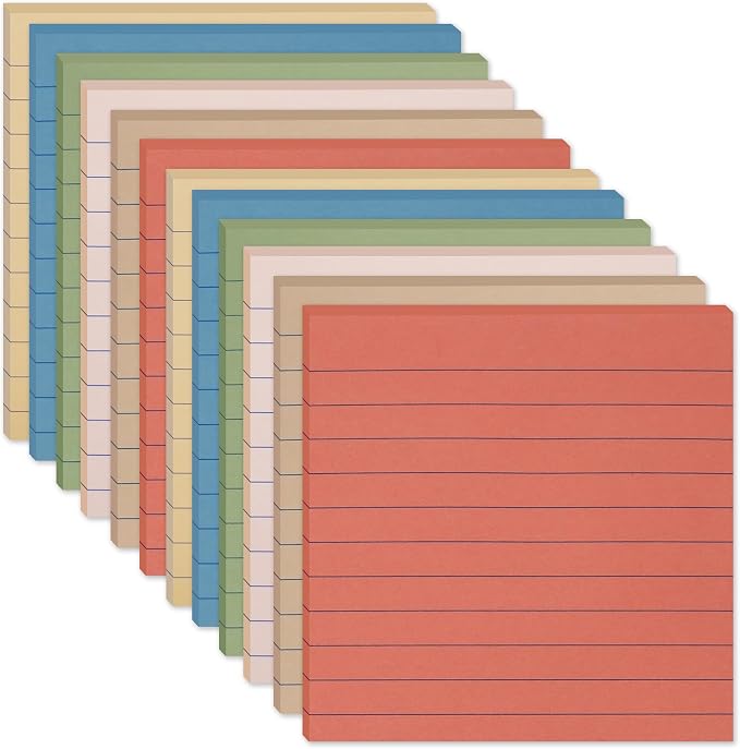 (12 Pack) Lined Sticky Notes 4x4 in, 6 Vintage Colors Self-Stick Note Pads | Super Sticking Power Memo Pads, 4x4 Large Square Sticky Notes for Office, Home, School, Meeting
