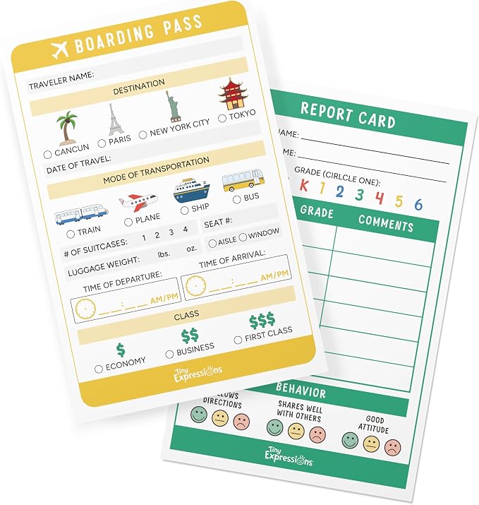 Kids Pretend Play Notepads - Boarding Pass & Report Card | 40 Pages Boarding Pass Notepad, 40 Pages Classroom Report Card Notepad, Travel Booking Agent &Teacher Imaginative Role Play
