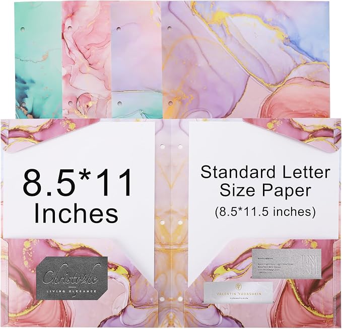 Ddaowanx 4 pcs Plastic Folders with Pockets,3 Hole Punched Folders | Heavy Duty Binder Folder for 3 Ring Binder,Cute Marble Colors 2-Pocket Folders for Documents,Back to School Supplies
