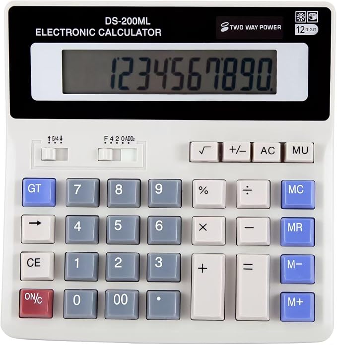 Large Desktop Calculator with 12-Digit Display, Large Plastic Buttons for Easy Operation and Viewing, Dual Power Supply: Battery (with Battery Slot) and Solar
