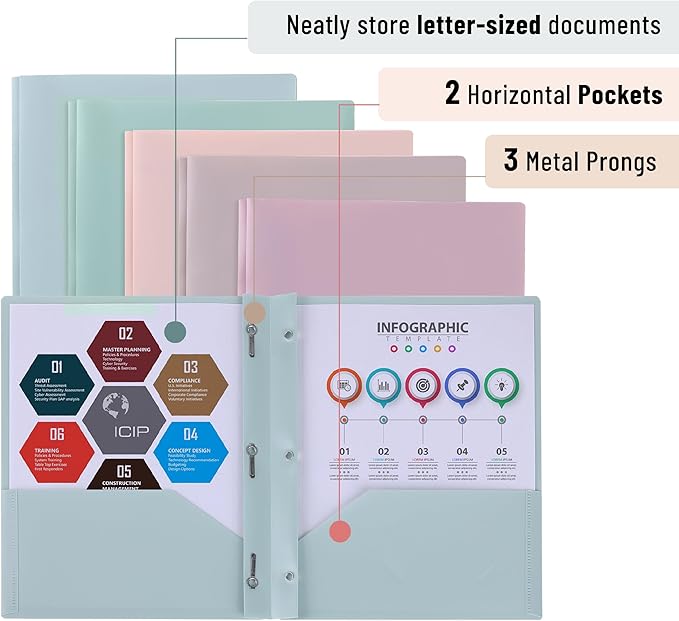 Mr. Pen- Plastic Folders with Pockets and Prongs, 15 Pack, Letter Size, Pastel Color, Flexible Plastic Folders with Prongs