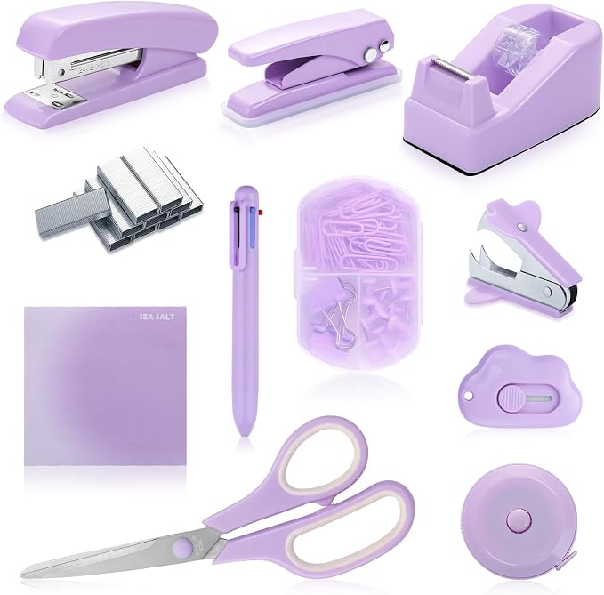 Purple Desk Accessory Kit Cute Office Supplies Set Desktop Stapler Set Includes Staple Remover Hole Punch Tape Dispenser Ballpoint Pen Scissor Mini Box Cutter Tape Measure Paper Clips Sticky Notes