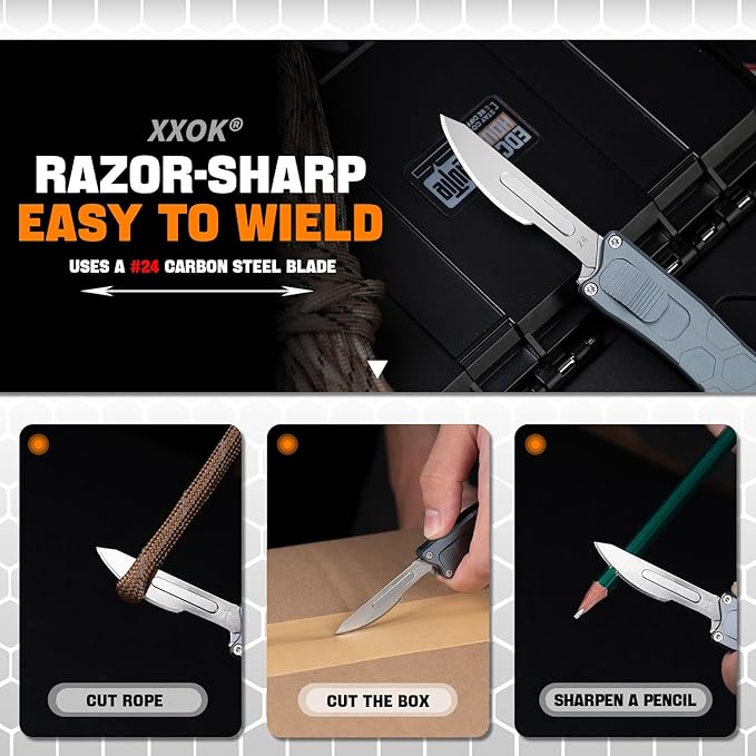 XXOK Utility knife with clip retractable box cutter EDC knife with 10 razors small Pocket knives with sharp carbon steel replacement blade # 24 Grey