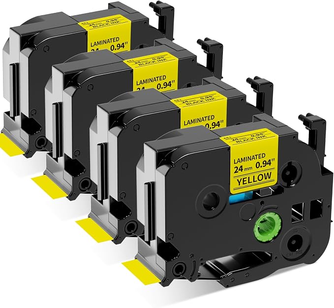 TZe-651 24mm Label Maker Tape Replace for Brother P Touch 1 Inch | TZe TZ Tape 24mm 0.94'' Laminated Yellow TZe651 TZ651 for Ptouch PTD600 PT-D610BT PT-P710BT Printer, 4-Pack Black on Yellow