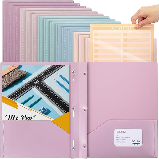 Mr. Pen- Plastic Folders with Pockets and Prongs, 15 Pack, Letter Size, Assorted Pastel Colors, Flexible Plastic Folders with Prongs, Clear Front Pocket and Card Slot