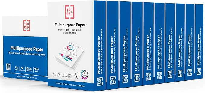 TRU RED Multipurpose Paper, 8.5x11, 20lb, 96 Bright White, 10 Reams/Carton | 5,000 sheets total. Smooth, jam-resistant paper for everyday printing and copying needs.