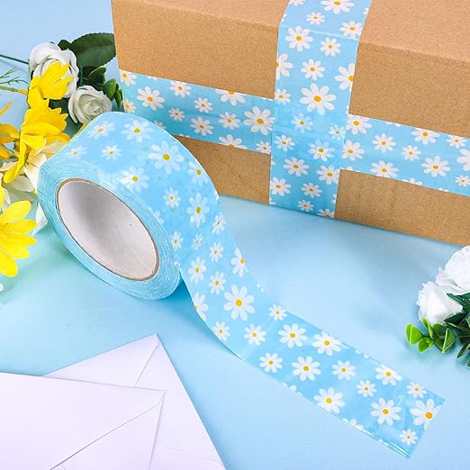 Whaline 109 Yard Groovy Daisy Packing Tape Gift Wrapping Tape Blue White Boho Spring Flower Pattern Tapes for Small Business DIY Crafts Carton Decor