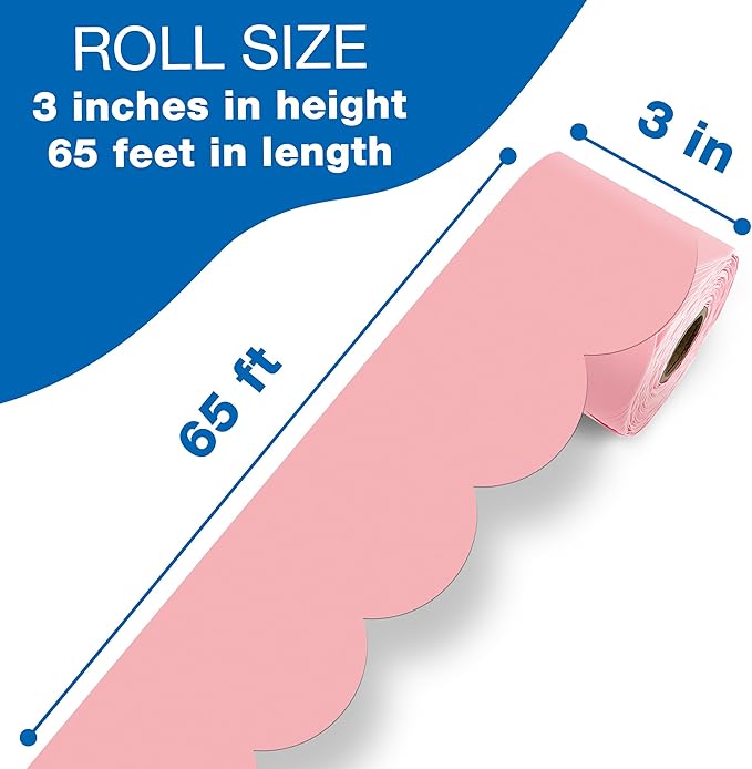 Carson Dellosa 65Ft of Dusty Rose Bulletin Board Borders, 1 Roll of Pink Scalloped Trim for Rolling Whiteboard, Cork and Posterboard, Party, Easter, Spring Decorations, and Classroom Decor