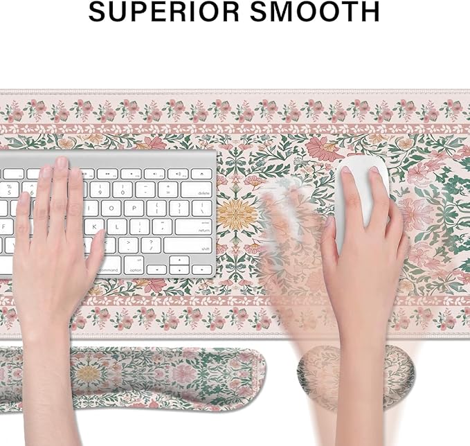 Desk Pad and Keyboard Wrist Rest, Large Mouse Pad + Keyboard Pad+Mouse Wrist Support, Non-Slip Desk Mat Protector for Office, Home 31.5×11.8 Inches Pink Floral