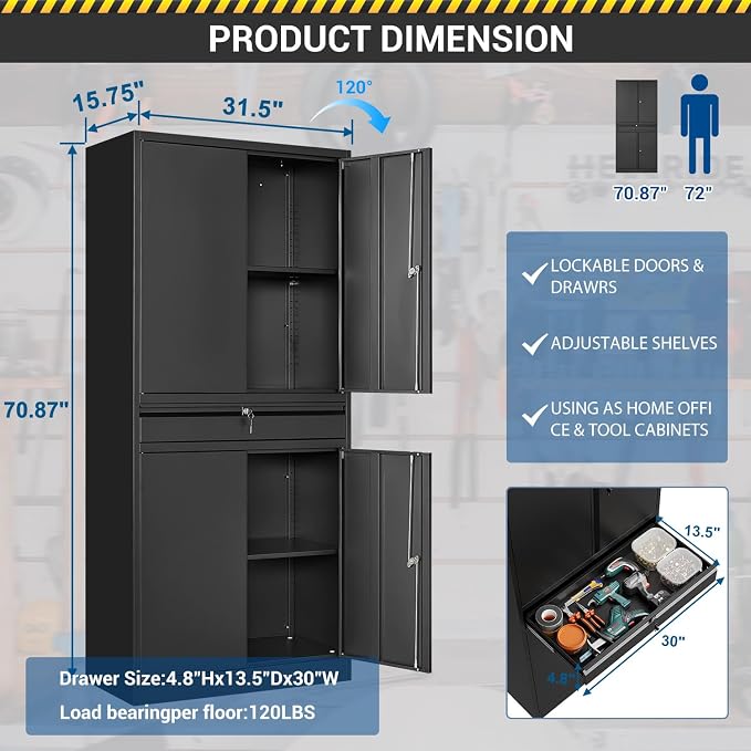 Fesbos 71" Metal Cabinet-Black Heavy Duty Storage File Cabinet Steel Tool Cabinets with Shelves, Lockable Doors and Drawers- for Garage, Pantry, Warehouse - Assembly Required