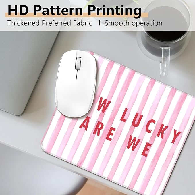 Pink Positive Affirmations Mouse Pad, How Lucky are We Inspirational Striped Square Mousepad Mouse Mat with Anti-Slip Rubber Base for Computer Laptop Home Office Dorm Desk, 9.5x7.9 in