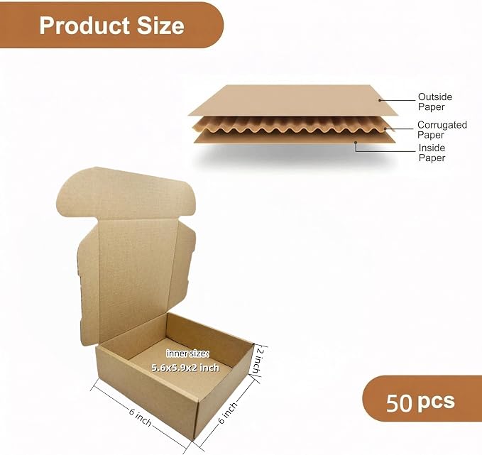 Small Sturdy Cardboard Box 6x6x2 Inch Mailing Corrugated Boxes Set of 10 | Business Packaging Carton for Storage and Shipping