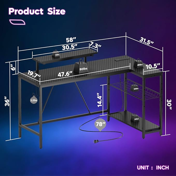 Bestier 58-Inch L-Shaped Gaming Desk with Charging & LED, Black | Charging 3AC+2USB, RGB LED Strip, Reversible Shelves, Monitor Stand, Headphone Hook, Metal Mesh Shelf, 58 in