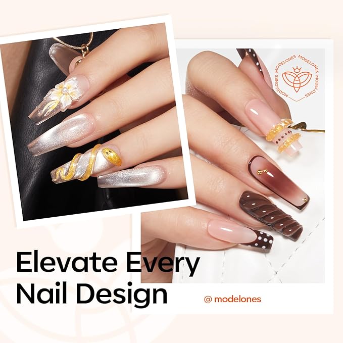 modelones 3D Gel Nail Art, 2Pcs Clear Gold Sculpting Gel Nail Glue for Nail Charms Gems Chrome Nail Powder Rhinestone No Wipe Molding Nail Art DIY Home for Drawing Designs