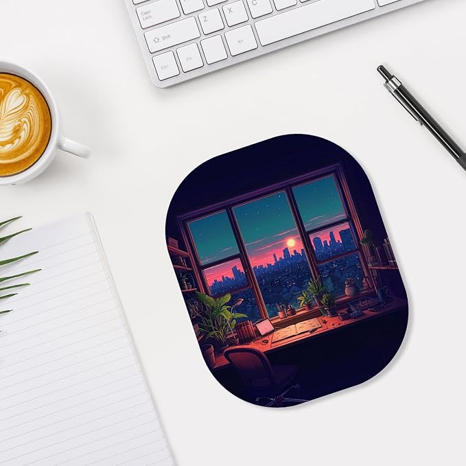 Small Mouse Pad, 6 x 7 Inch, Oval Mini Mouse Pad with Non-Slip Rubber Base for Laptop Wireless Mouse Keyboard Tray Mousepad, Window View
