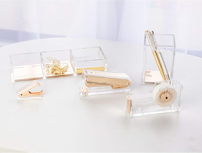 Elegant Ultra Clear Acrylic Office Supplies Acrylic Stapler Matte Gold Desktop Stapler with 1000pcs Staples for Office Accessories(Gold)