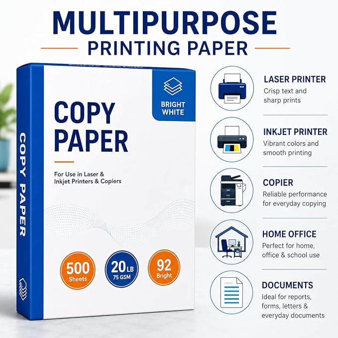 Copy Paper 8.5 x 11 Inch, 20 lb (75 GSM), 92 Bright White, 500 Sheets, Multipurpose Printer Paper for Laser & Inkjet Printers, Copier, Home, Office 1 Ream
