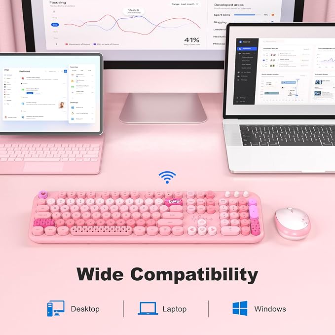 MOFII Wireless Keyboard and Mouse Combo, Cute Retro Typewriter Keyboard and Silent Mouse, 2.4GHz Full Size Computer Keyboard Wireless Mouse Set for PC, Laptop, Desktop, Windows (Pink Colorful)