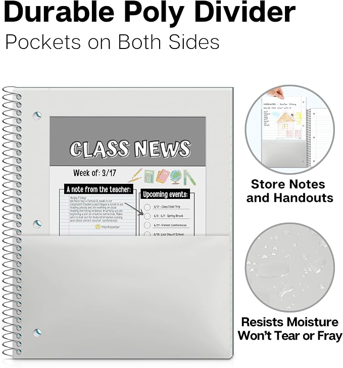 Dunwell 1 Subject Spiral Notebook, Blue Plastic Cover, 100 Sheets (200 Pages) 8x10.5 Paper, Wide Ruled Composition Notebooks with Poly Pocket Dividers, 3-Hole Punch Perforated Pages | 100 Sheets (200 Pages), Wide Ruled Paper, Poly Pocket Dividers, 3-Ho...