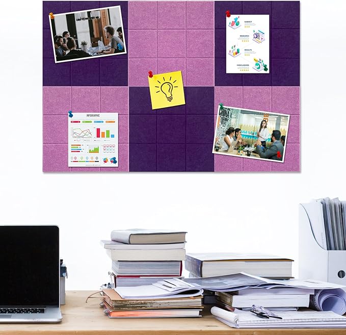 Large Square Felt Cork Board Tiles, Self Adhesive DIY Felt Bulletin Board with 35 Pushpins for Office School Home Wall Decor Stickers Memos (Purple & Light Purple)