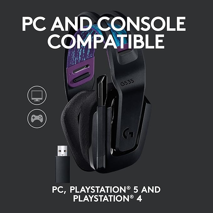Logitech G535 Lightspeed Wireless Gaming Headset - Lightweight on-Ear Headphones, flip to Mute mic, Stereo, USB Rechargeable - Black