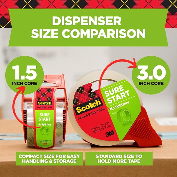 Scotch Sure Start Shipping Packaging Tape 1.88 x 54.6 yd Designed for Packing Shipping and Mailing Quiet Unwind No Splitting or Tearing 3 Core Clear 2 Rolls (3450-2)