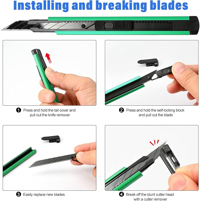 FOSHIO Retractable Utility Knife with 30 Degree Snap Off Blade 9MM, Box Cutter for Carton, Cardboard and Box, Office, Home Use, 3 Pack Green Aluminum Handle Knife with Extra 30 Replacement Blades