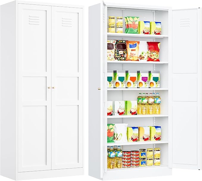 71" Tall Pantry Cabinet with 2 Doors and 5 Shelves,Kitchen Pantry Storage Cabinets,White Metal Storage Cabinet,Wide Deep Food Cupboard for Home,Kitchen,Dining/Living Room