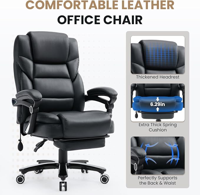 650lbs Big and Tall Office Chair Support for Heavy People,Reclining Executive Office Desk Chair with Foot Rest,Ergonomic High Back PU Leather Computer Chair with Adjustable Lumbar Support,Black